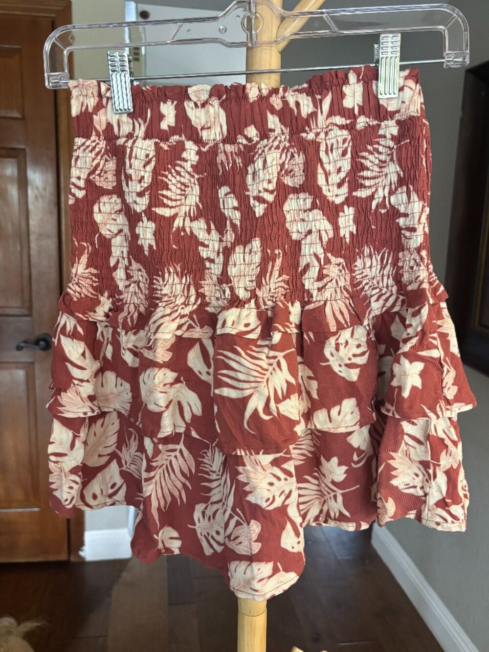Alice Blue Rust Tropical Leaf Smocked Ruffle Mini Skirt Size S Boho Resort